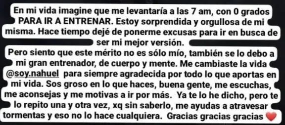 Mensaje de una alumna agradeciendo a Nahuel